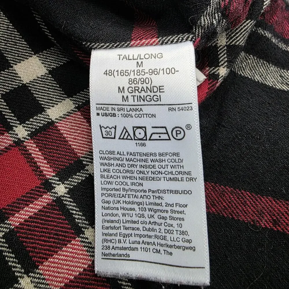 Banana Republic Shirt Mens Tall Medium Black Red Plaid Flannel Organic Untucked
